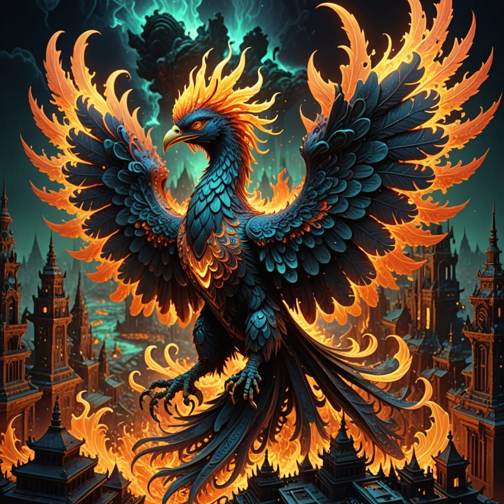 Fractal Phoenix Rises from Burning City