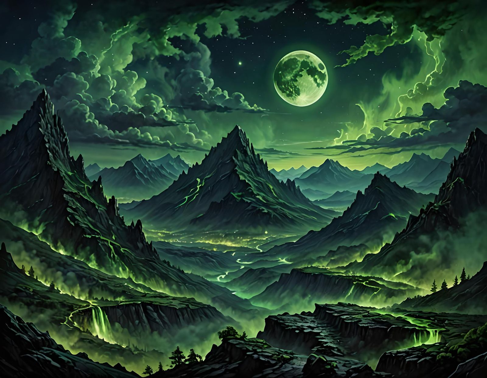 Dark Fantasy Landscape with Green Flames