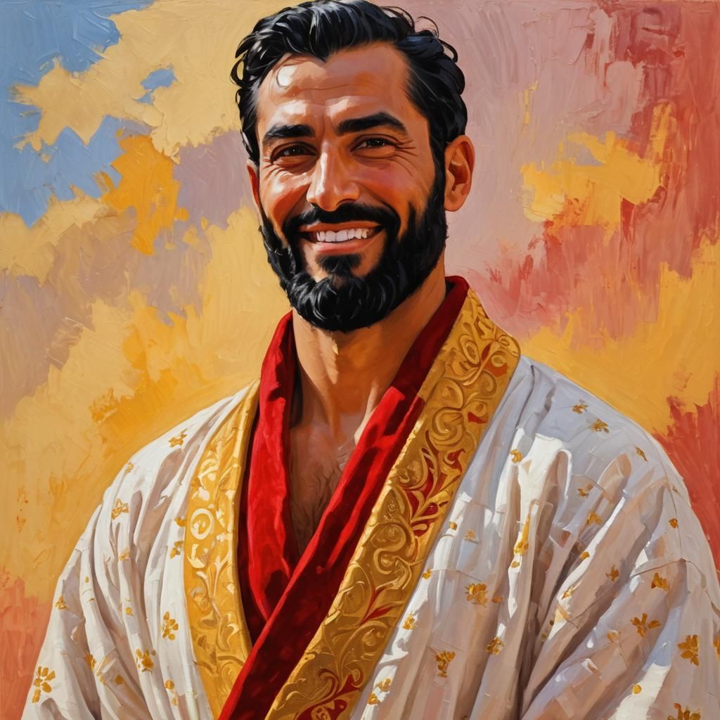 Smiling Man in Velvet Robes: Expressionist Impasto Oil Paint...