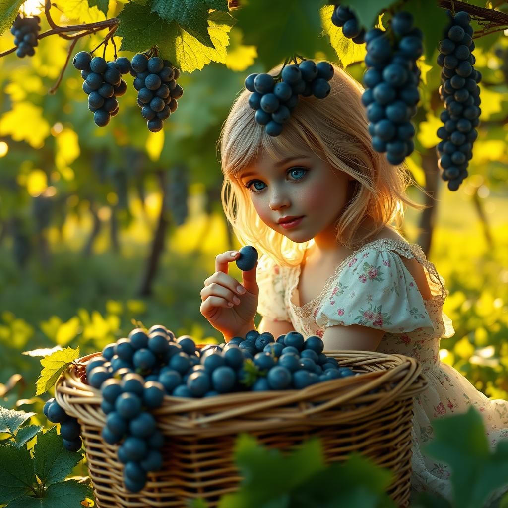 Blonde Girl with Grapes: Hyperrealistic 3D Rendering