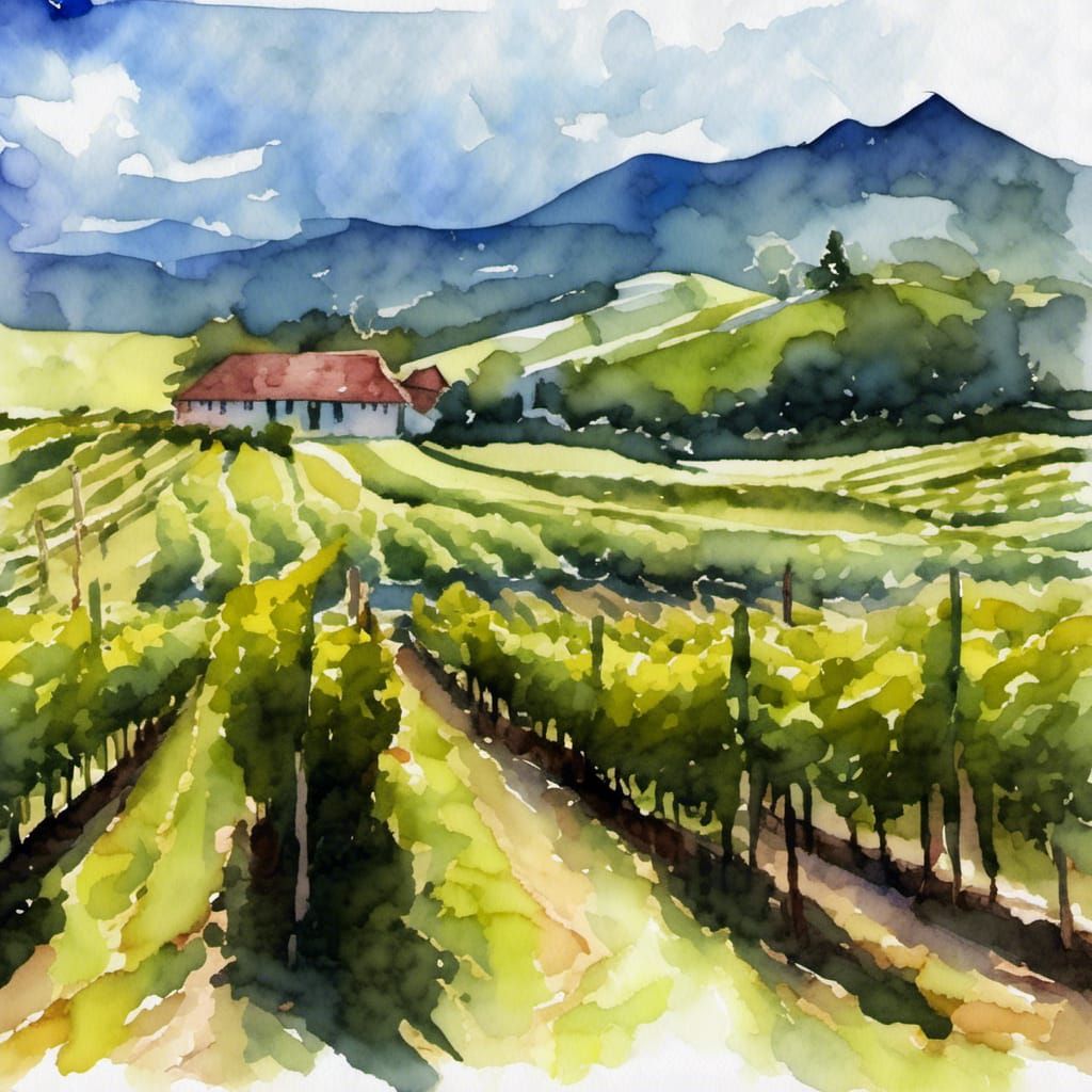 Sunny Vineyard Scene in Watercolor Style
