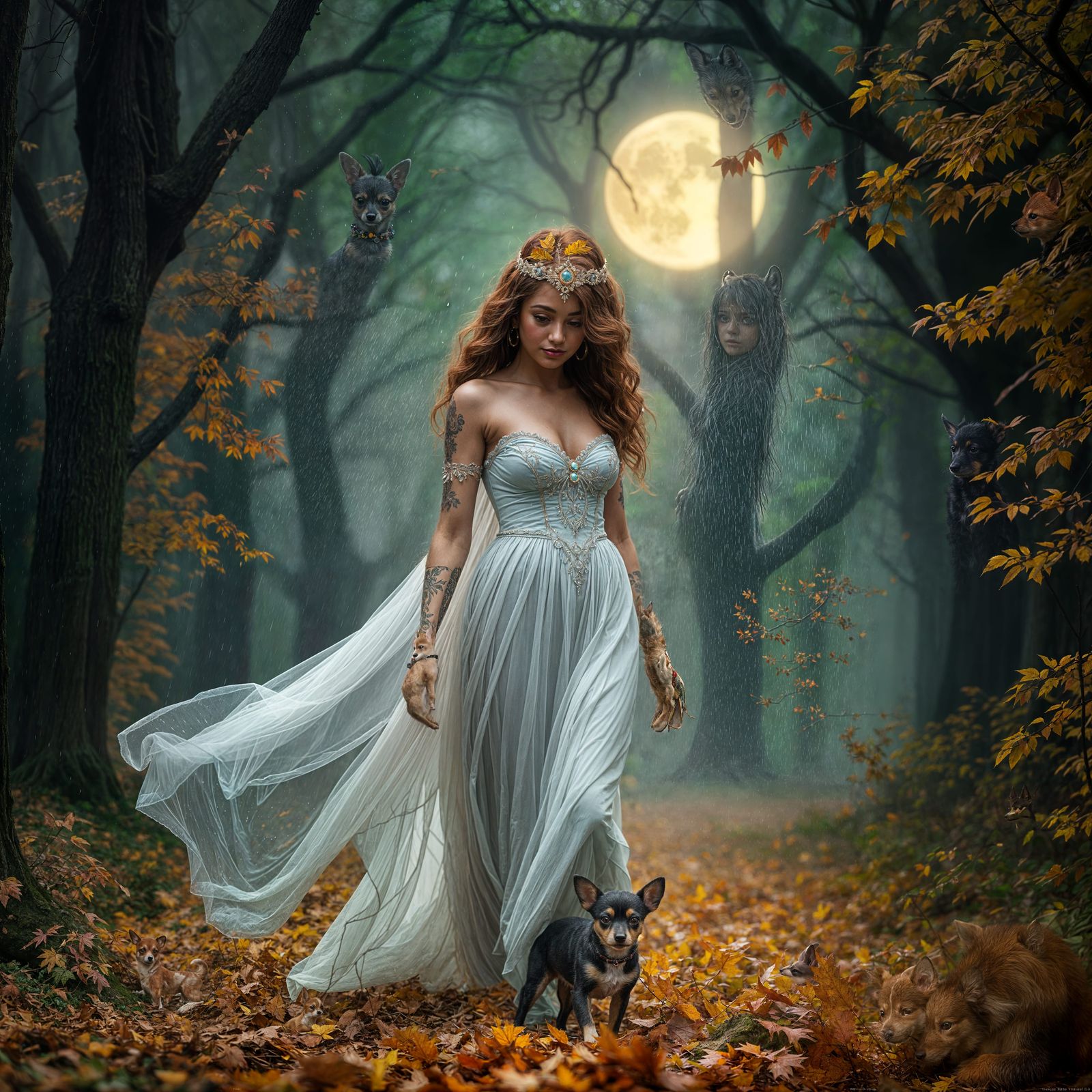 Goddess in Autumn Forest with Dog, Hyperrealistic Photo