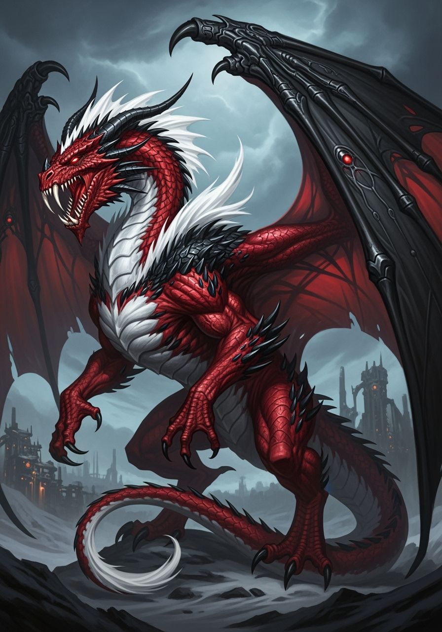 an enormous red dragon, large vampiric fangs and glowing red...