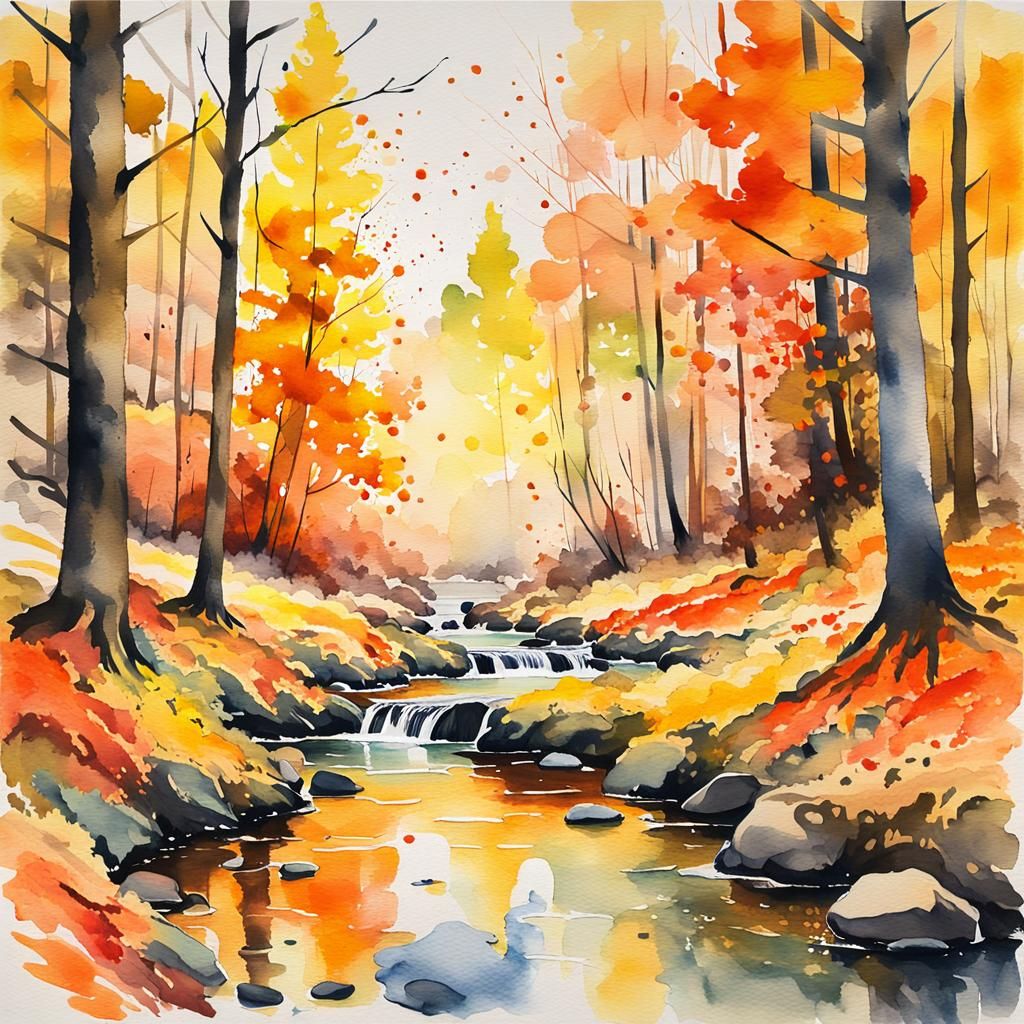 Autumn Forest Creek in Impressionist Watercolor Style