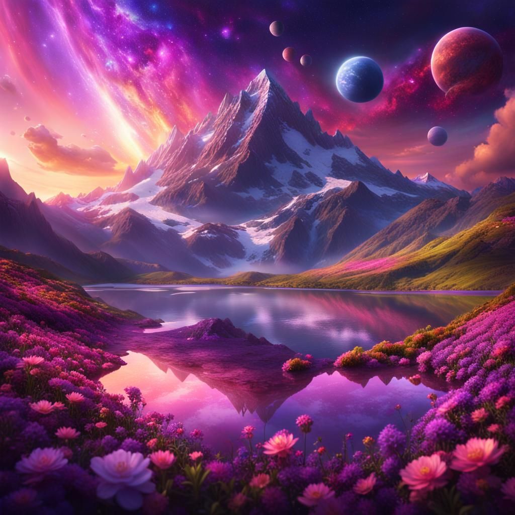 Epic Mountain Peak Amidst Vibrant Cosmic Backdrop