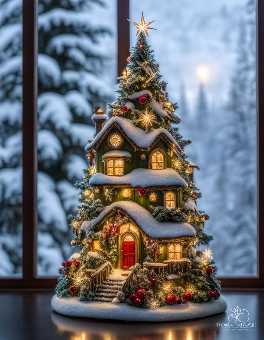 Fairies Decorating Christmas Tree in Kinkade Style