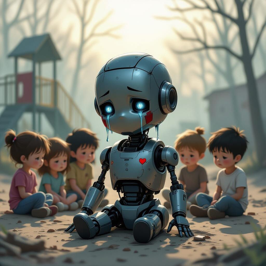 Heartbroken Android Child with Sad Children in Post-Apocalyp...