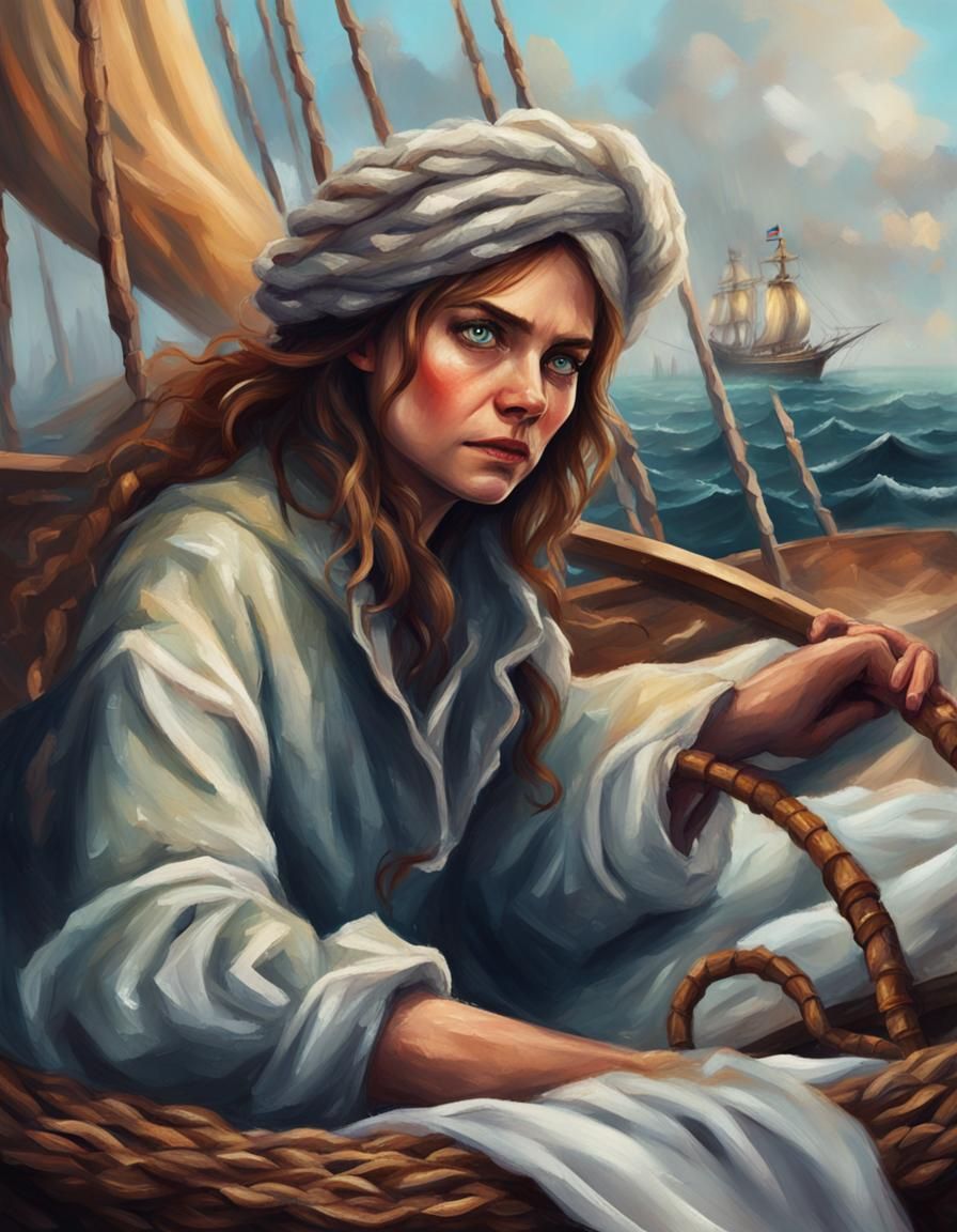 Woman in Cuffs Amongst Blankets, Semi-Realistic Style