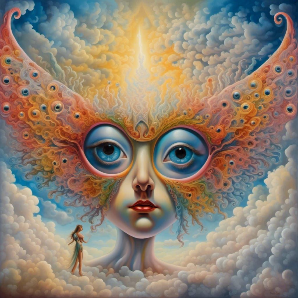 a distorted abstract portrait of an eye fairy with large win...