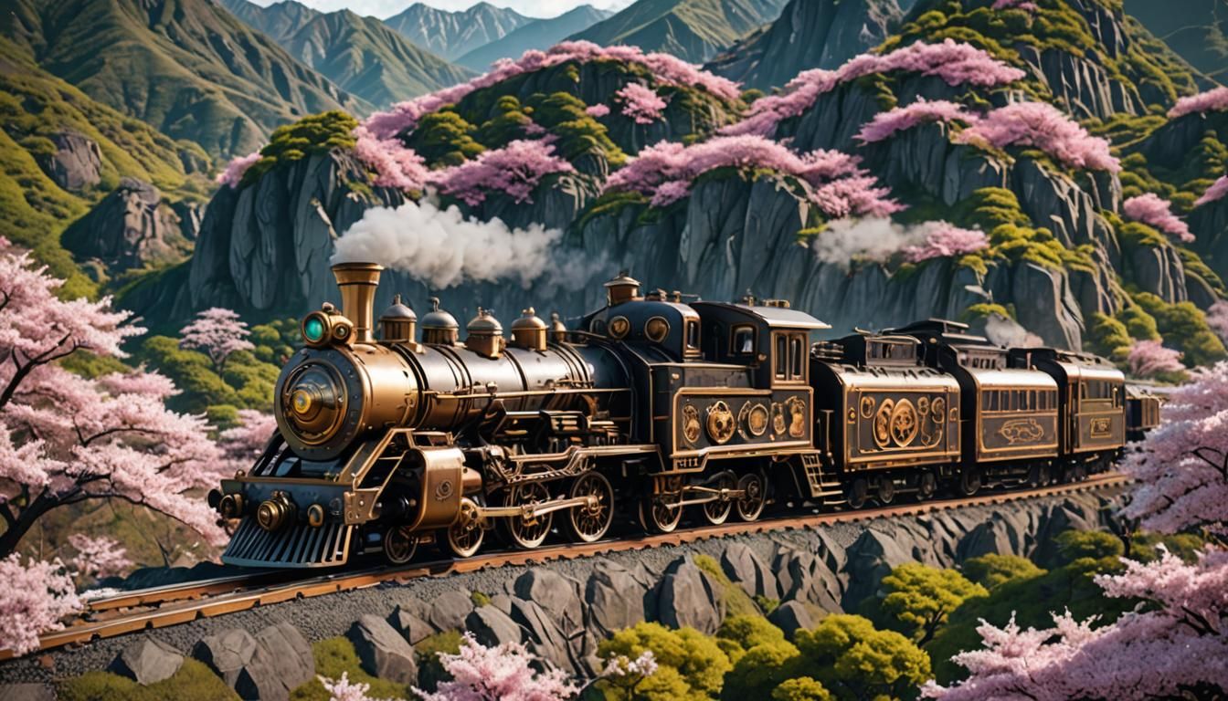 Steampunk Train Journey Through Japanese Countryside