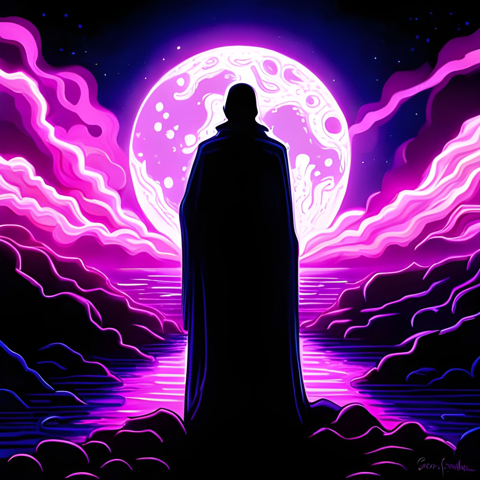 Mysterious Figure in Shadow: Synthwave Fantasy