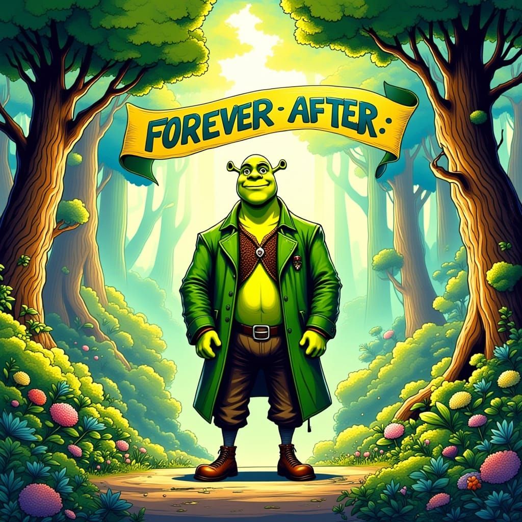 Shrek in Enchanted Forest, 1950s Pop Art Comic Style