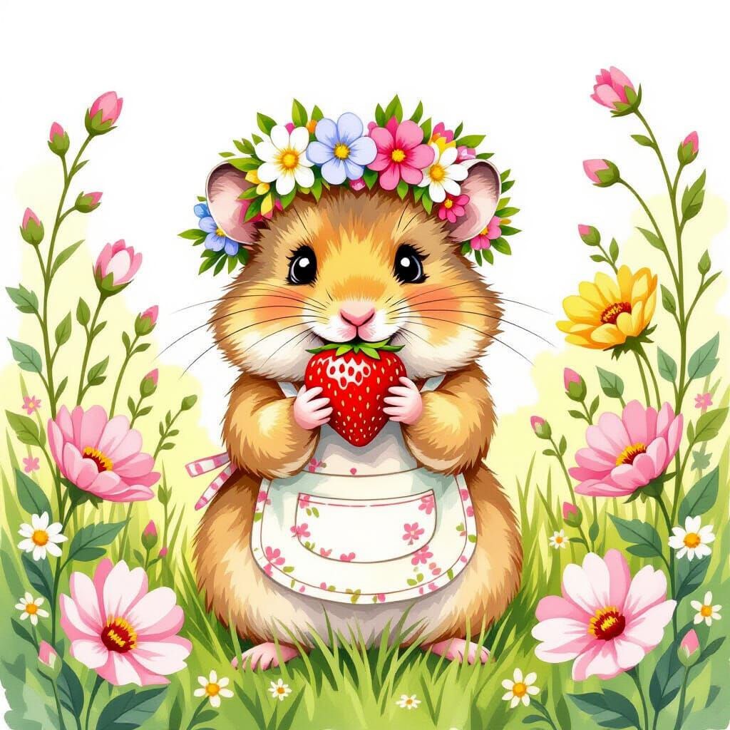 Hamster in Floral Crown Eating Strawberry