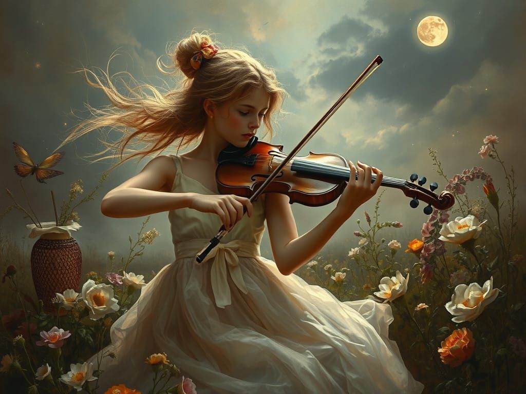 Dreamy Luminist Scene of Young Girl Playing Violin Amidst Wh...