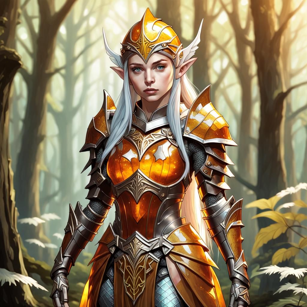 Elven Warrior in Amber Armor in Forest