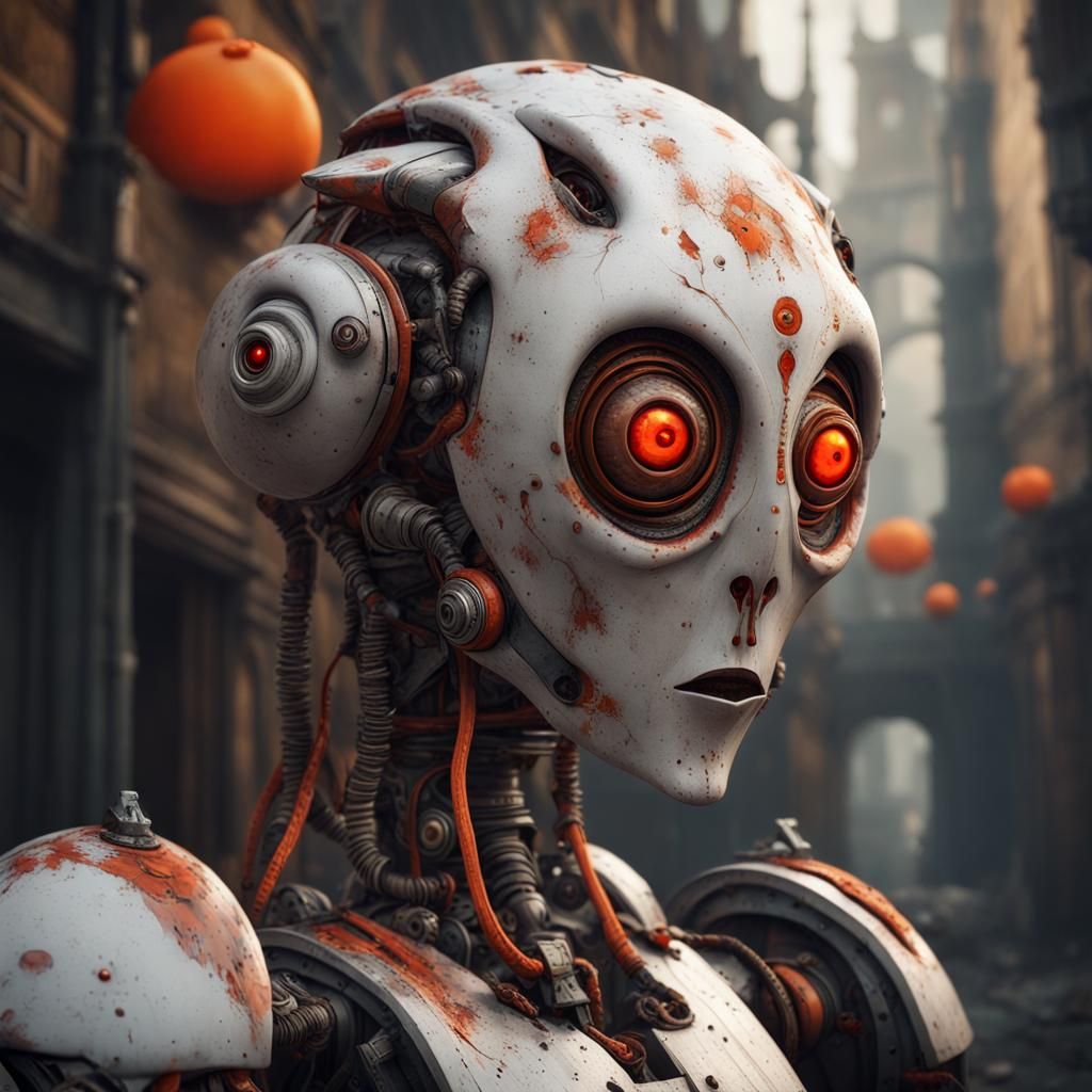 Hyperrealistic Robot with Red Eyes in Grotesque Style
