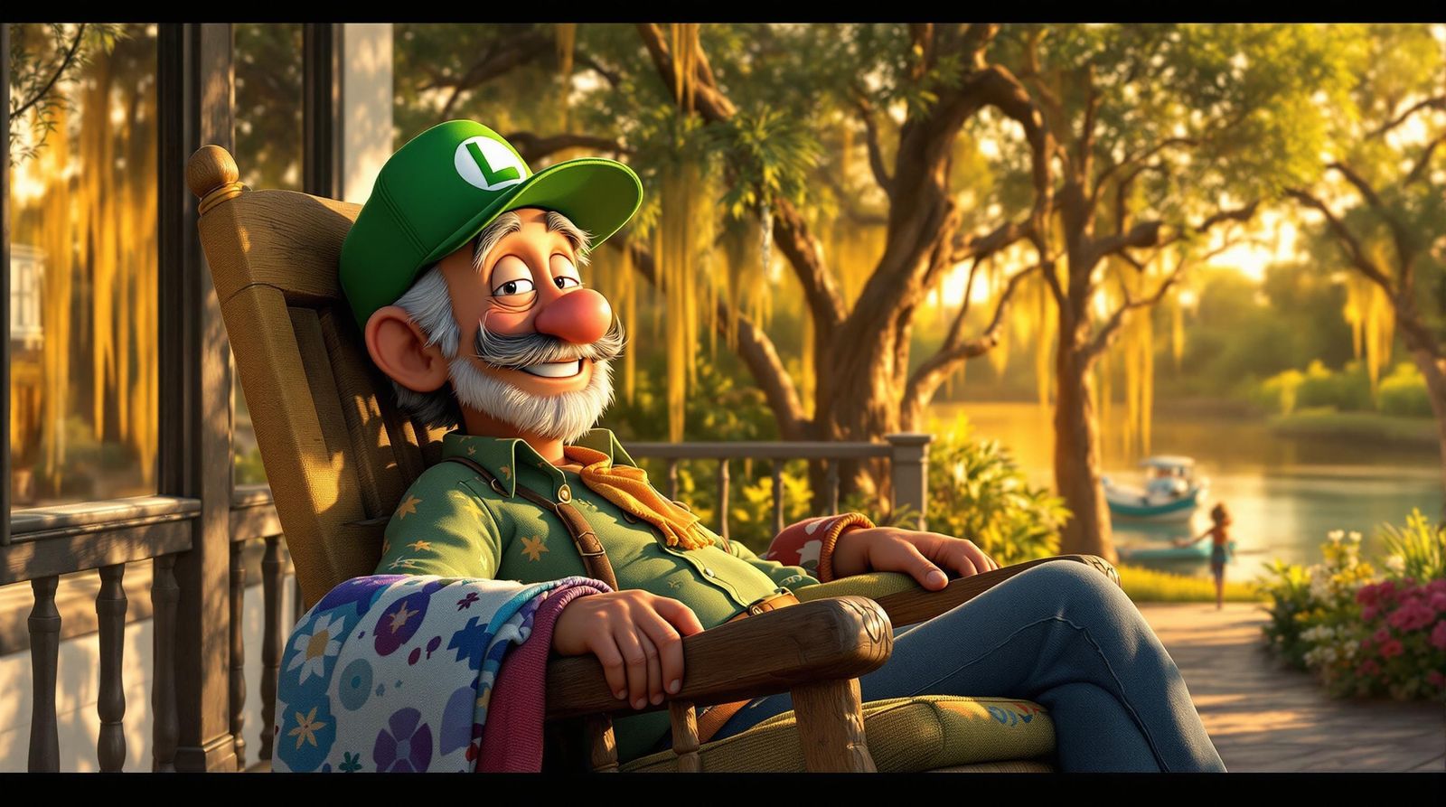 Happy Luigi Relaxing in Louisiana Bayou