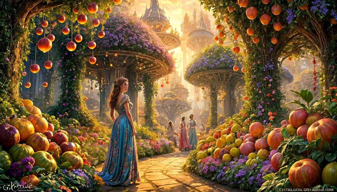 Woman With Flowing Hair in Fantastical Garden