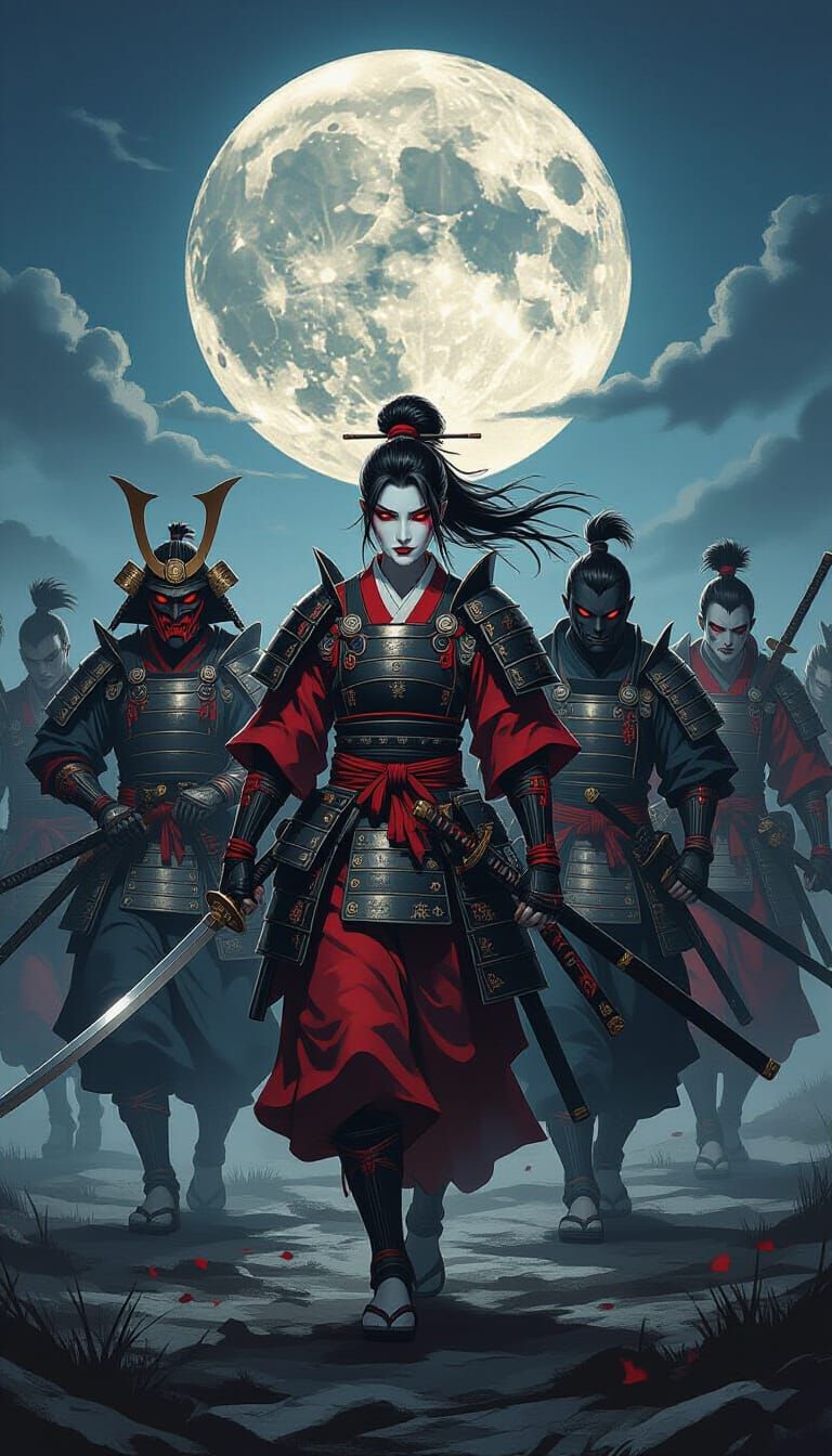 Oni Samurai Warriors Charge into Battle Under Moonlight