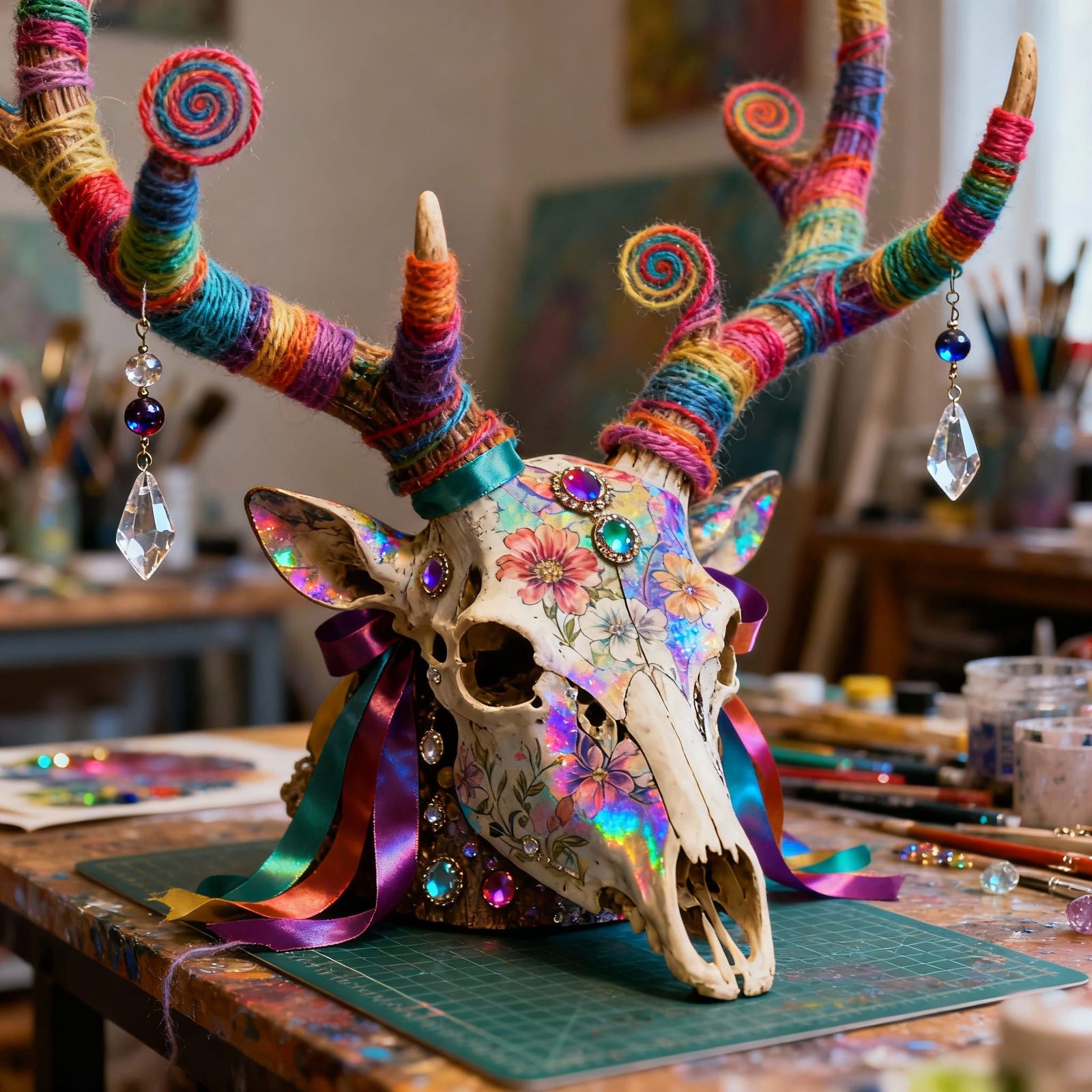 Visionary Deer Skull Assemblage with Yarn Wrapped Antlers