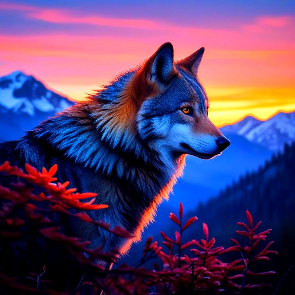 Wolf Silhouette Over Autumn Mountains in Electric Blue & Mag...