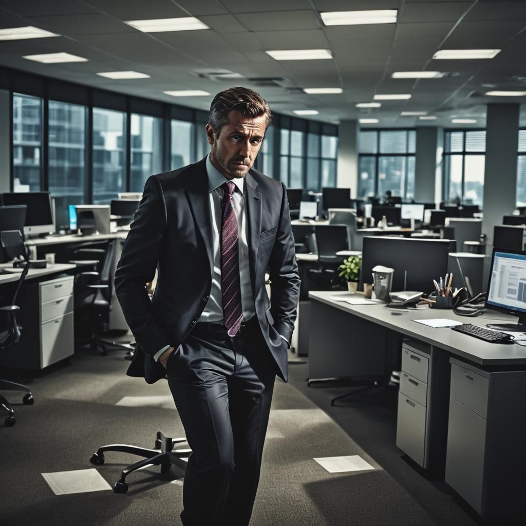 Scared Business Person in Modern Office, Hyper-Realistic Pho...