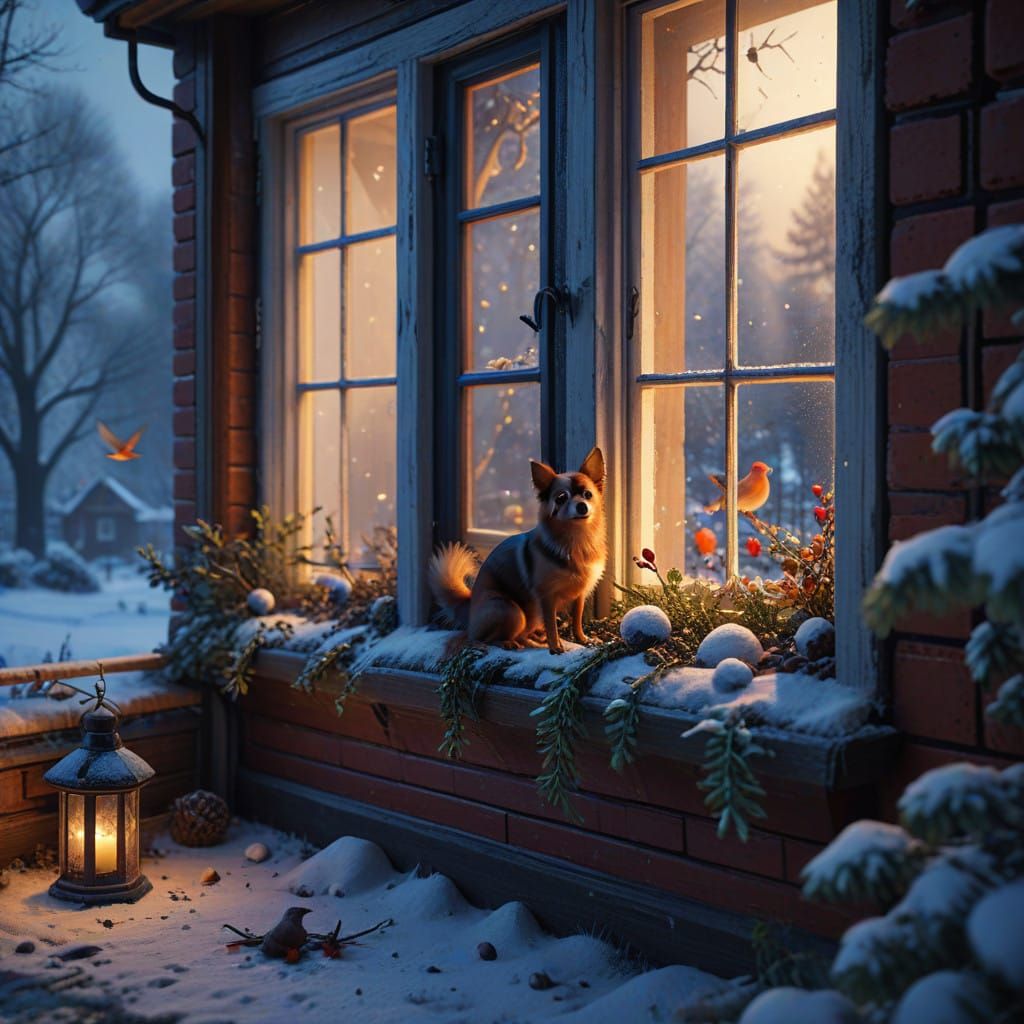 It is winter, there is light snow, a beautiful house with a ...