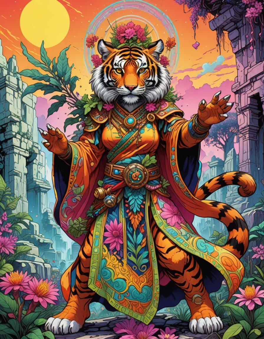 Mystical Tiger Shaman in Vibrant Fantasy Ruins
