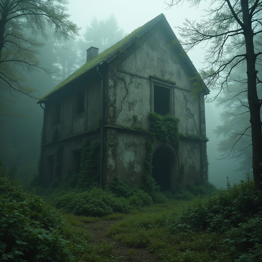 Misty Forest Sanctuary with Ancient, Ruined Temple