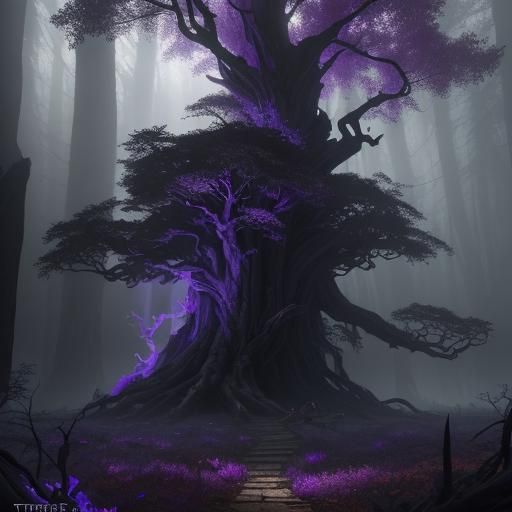 Mystical Forest: Twisted Tree with Purple Leaves