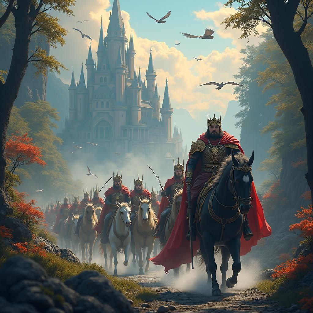 King Leads Mythical Army Through Enchanted Forest