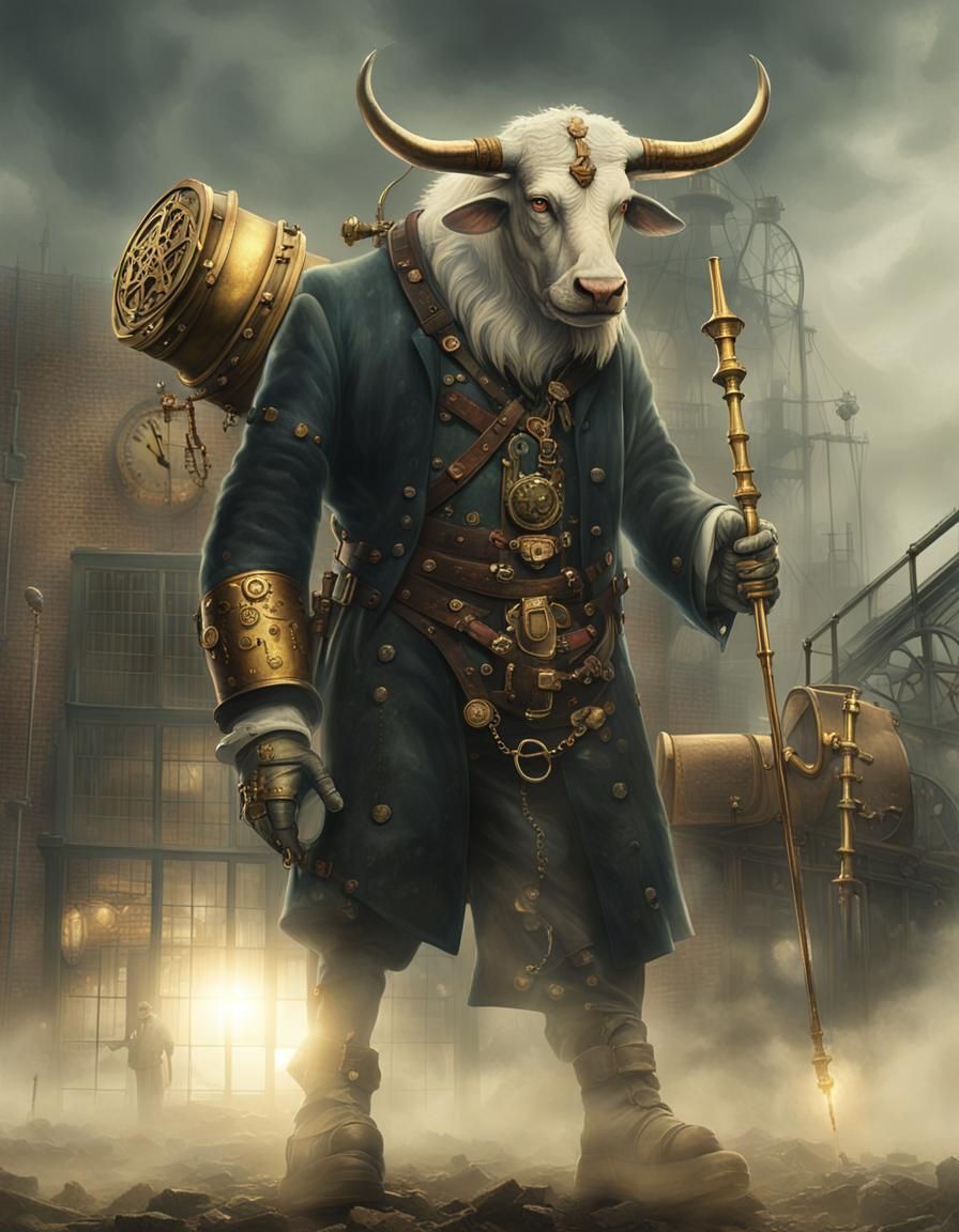 Steampunk Minotaur with Scepter in Industrial City