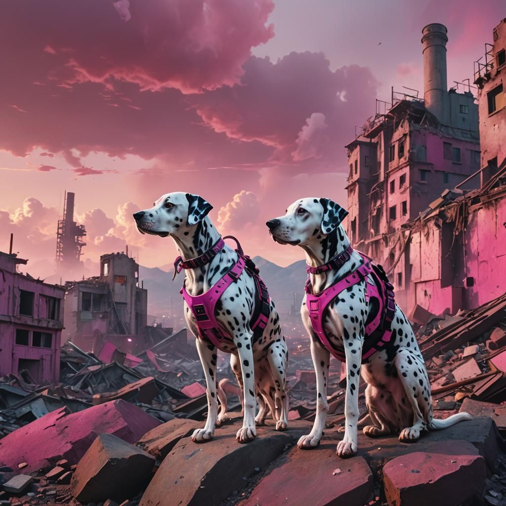 Cyberpunk Dalmatians Ascend Mountain Peak at Sunset