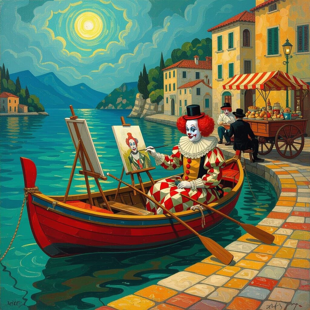 Clown Painting Self-Portrait in Fishing Boat, Oil Painting