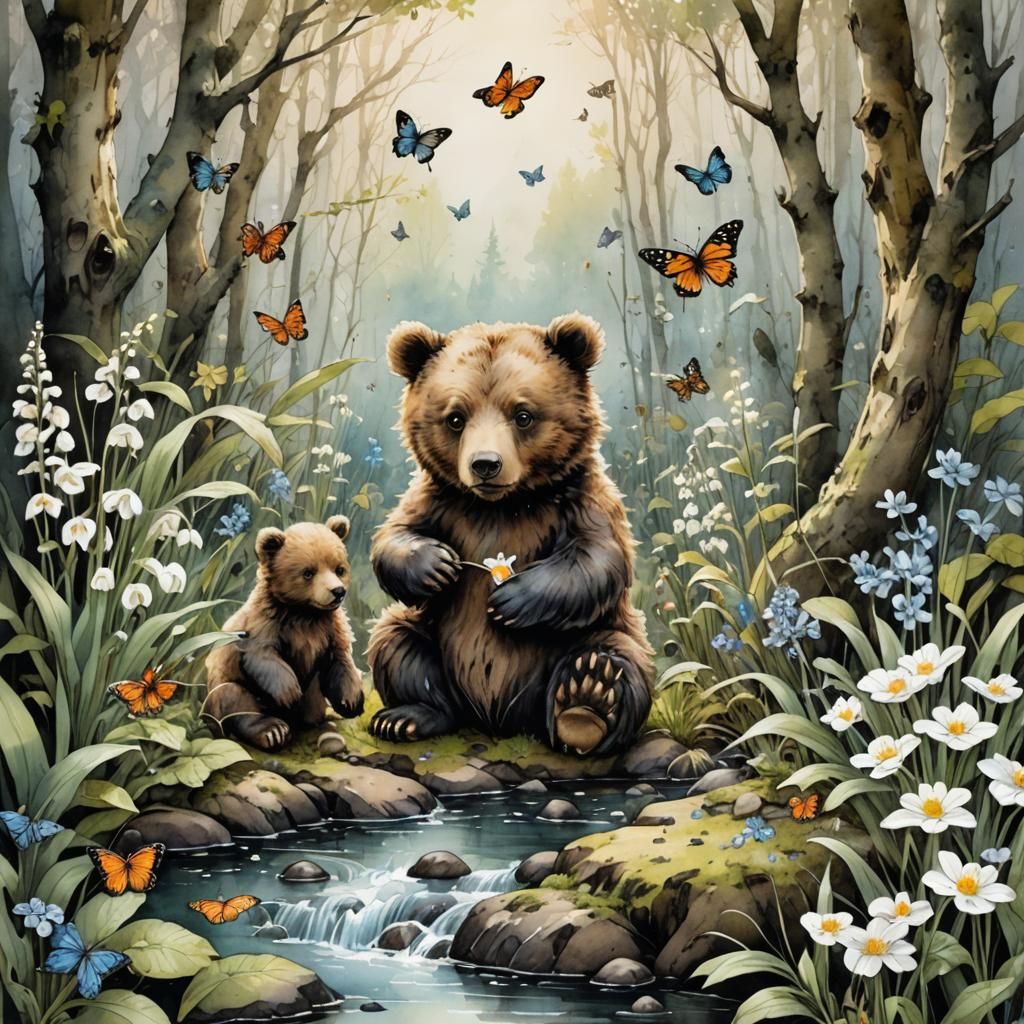 Charming Baby Bears and Butterflies in Oil Painting