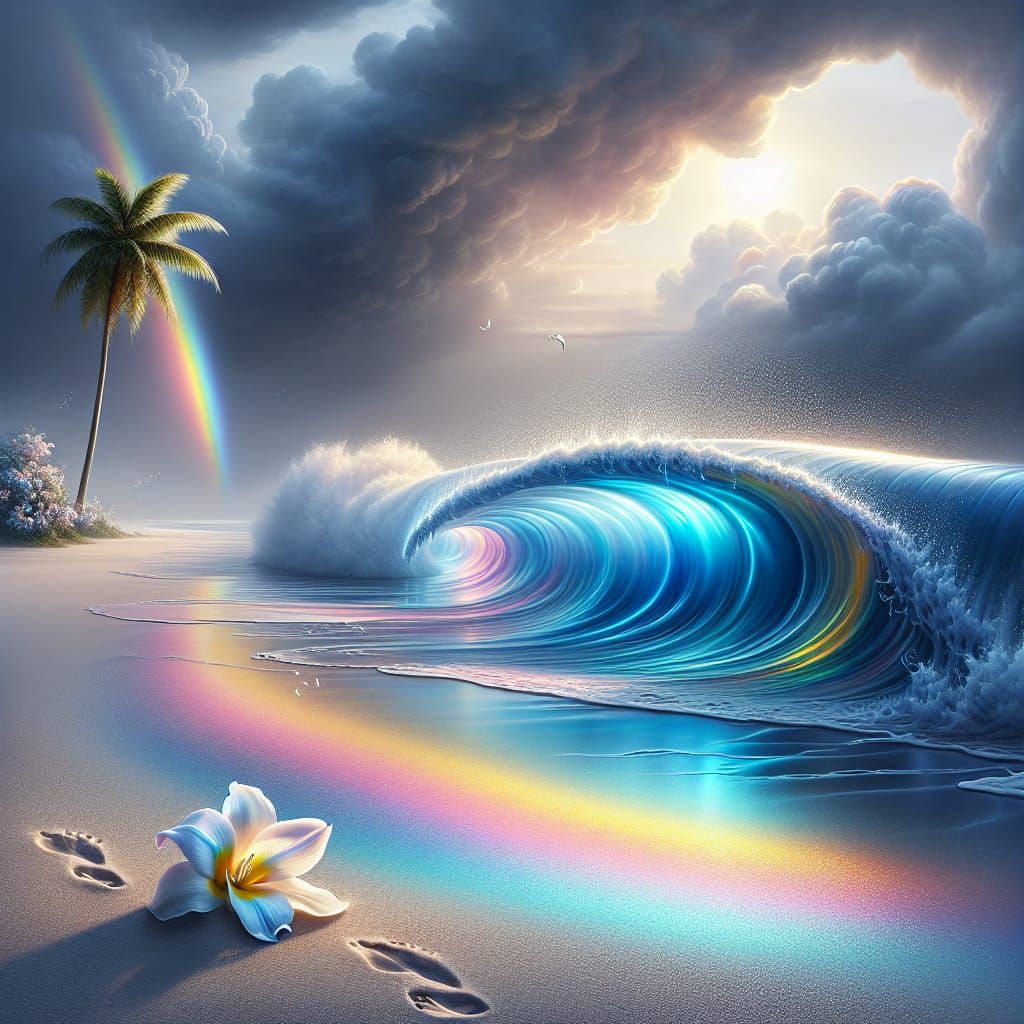 Rainbow Pastel Beach With Stormy Sky and Iris