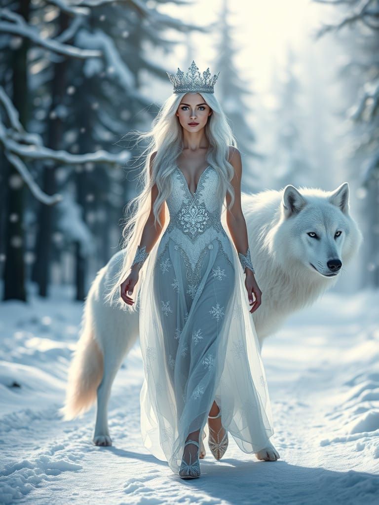 Ethereal Ice Goddess Walks with Majestic Pure White Wolf in...