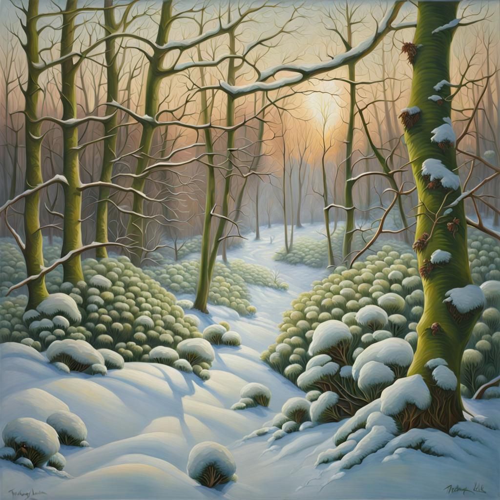 Impressionistic Winter Landscape Painting with Green Snow