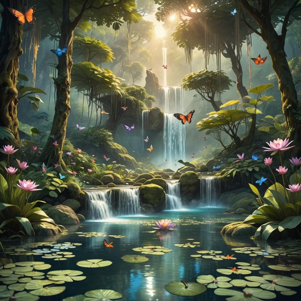 Mystical Forest Waterfall in Detailed Matte Painting