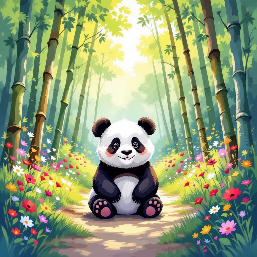 Watercolor Panda in Bamboo Forest on Sunlit Path
