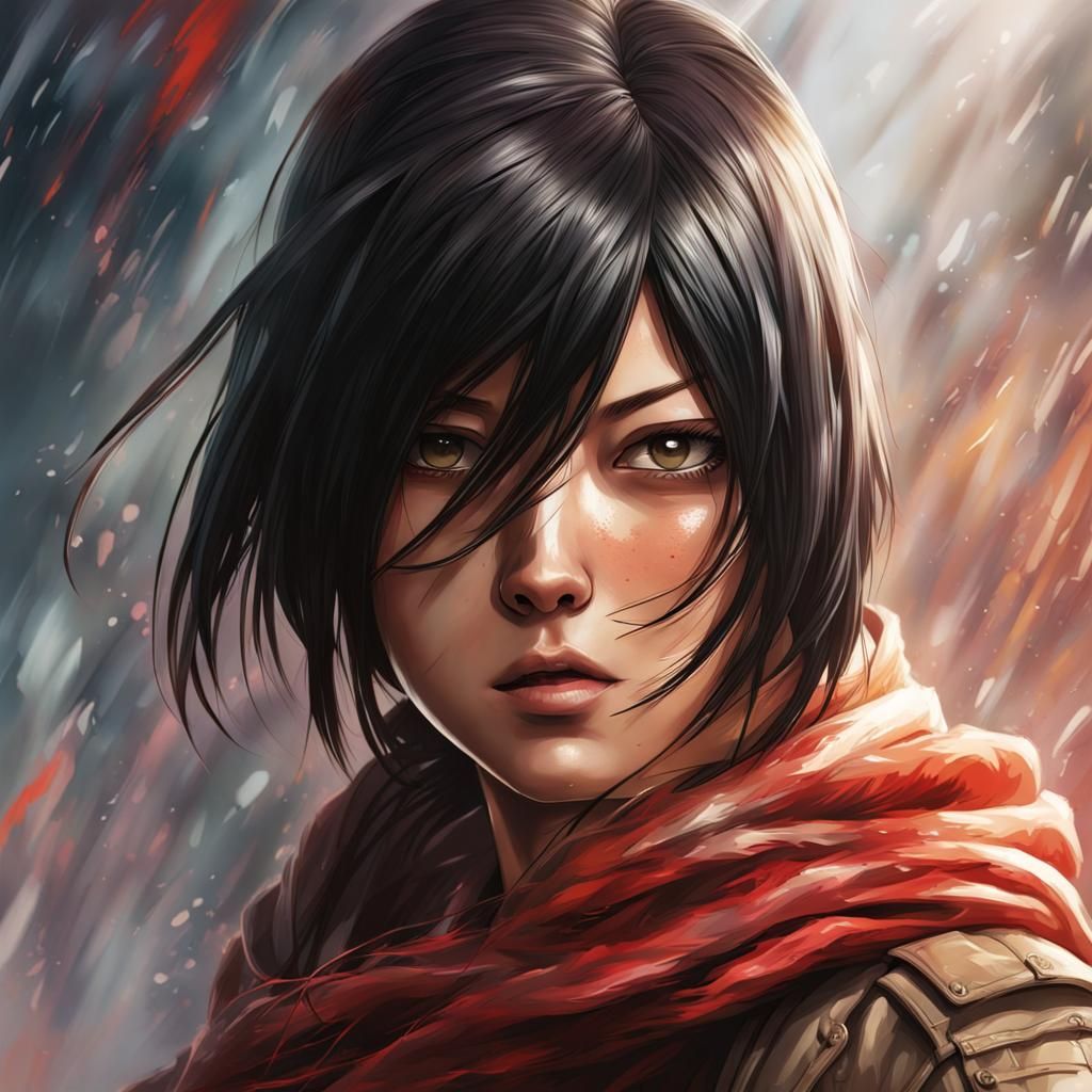 Hyperrealistic Mikasa Ackerman Splash Art Portrait