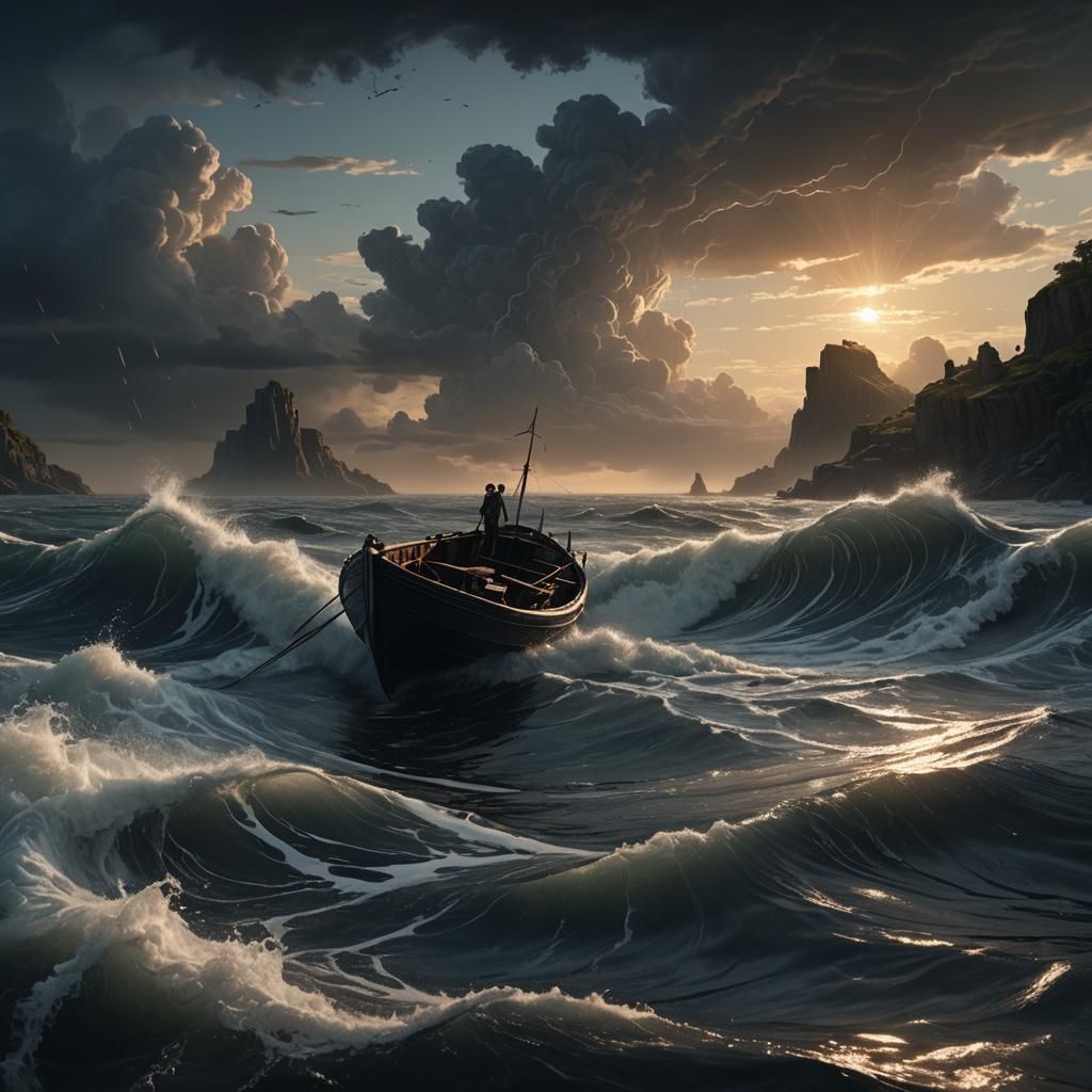 Ominous Black Rowboat Pulled by Dark Force