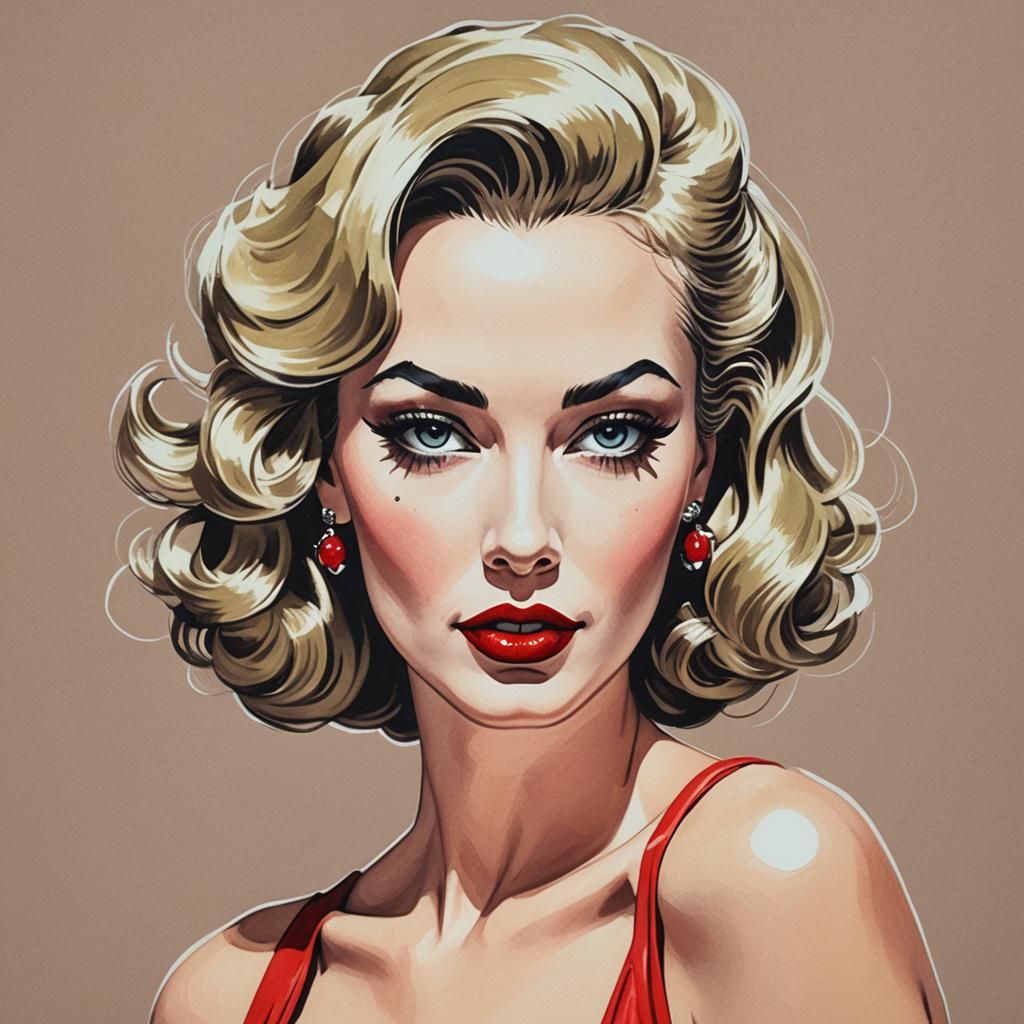 Pop Art Pin-Up Girl: Detailed Gouache Painting