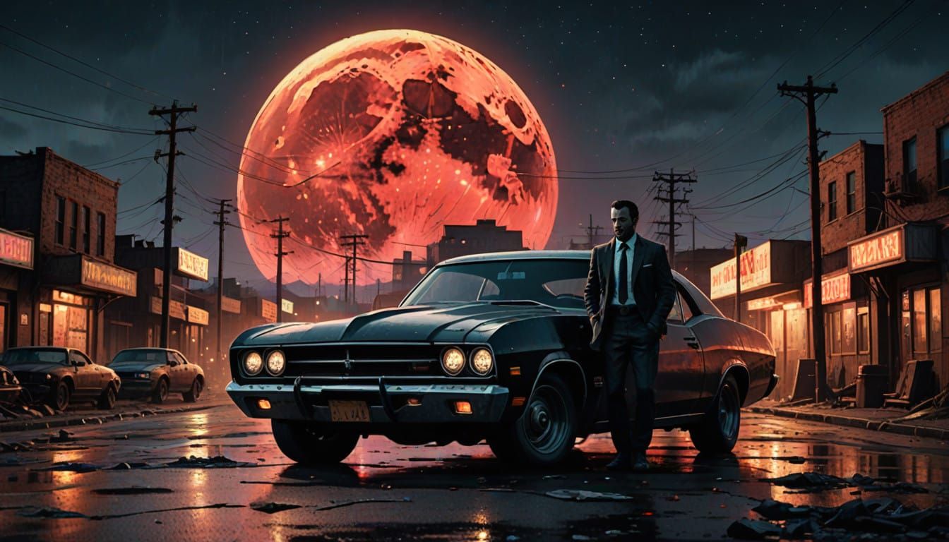 Gritty Cyberpunk Hero Under Crimson Moonlit Sky