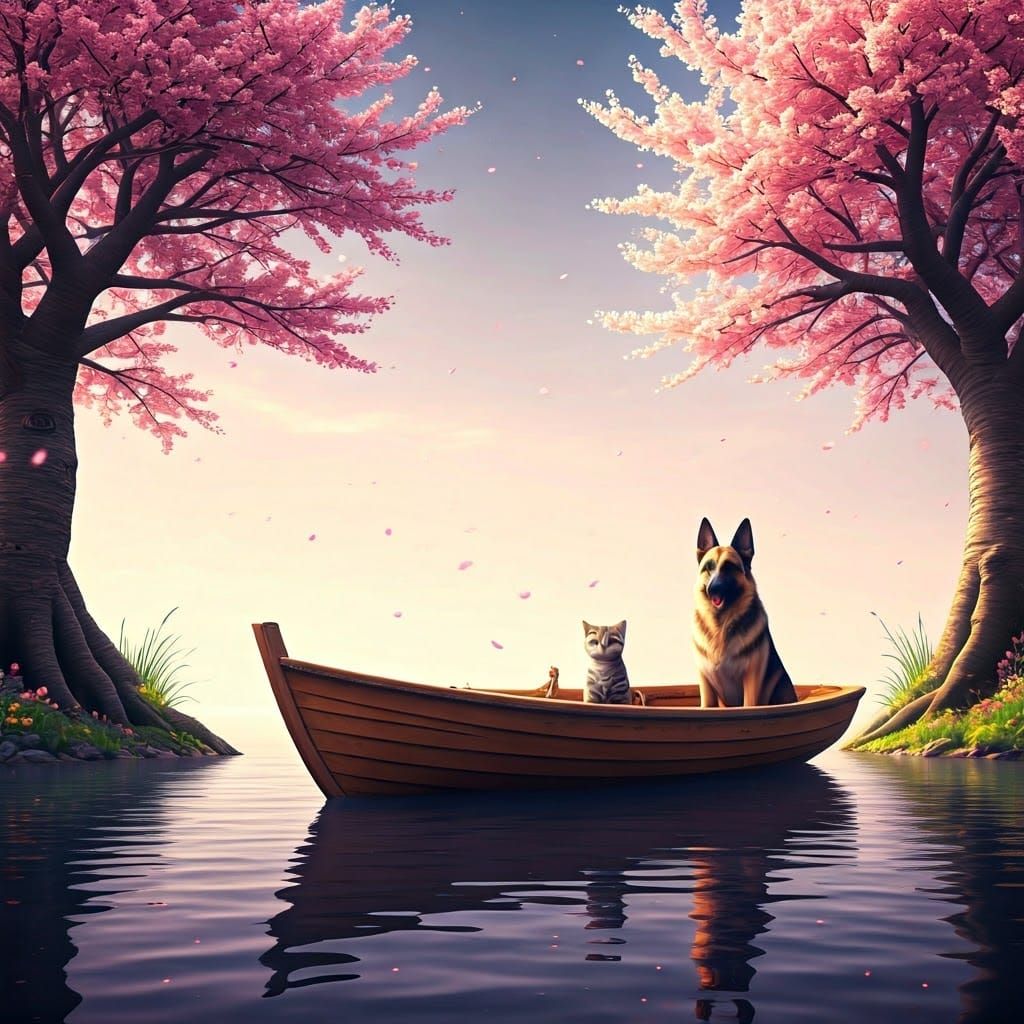 Cherry Blossom Boat Ride with Kitten and Dog