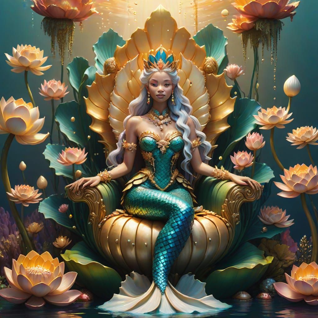 Hyperrealistic Mermaid Queen on a Lotus Throne