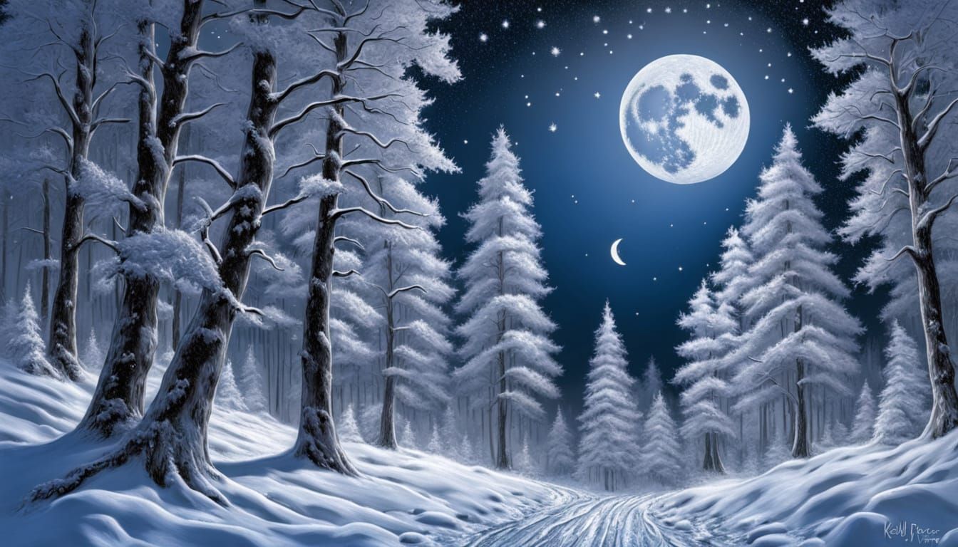 Monochromatic Winter Forest Under the Moon in Impasto Style