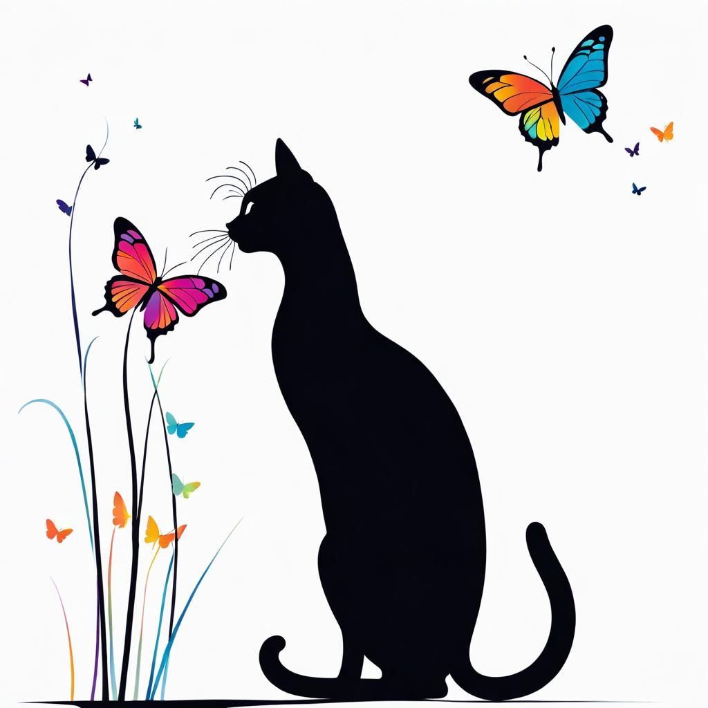 Minimalist Cat Silhouette with Butterfly Line Art
