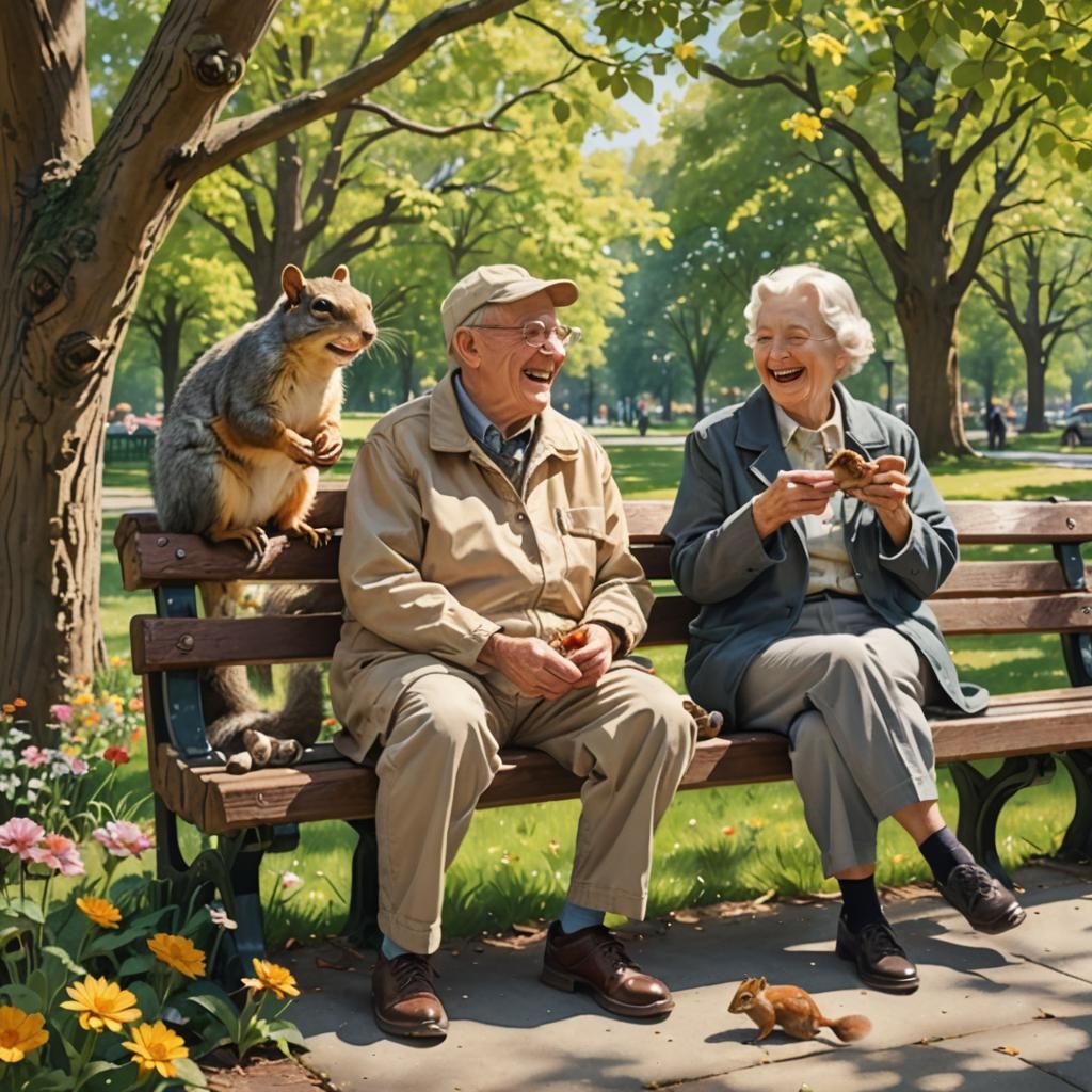 Elderly Couple Laughing and Feeding Squirrels in Park
