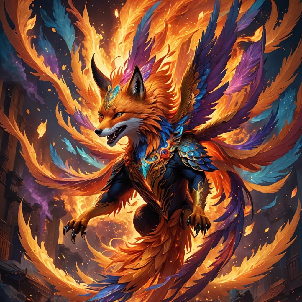 Fiery Phoenix-Fox Hybrid Fantasy Art